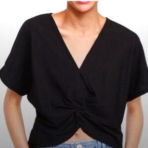 Zara Black Twist Front V-Neck Short Sleeve Cropped Top Textured Blouse